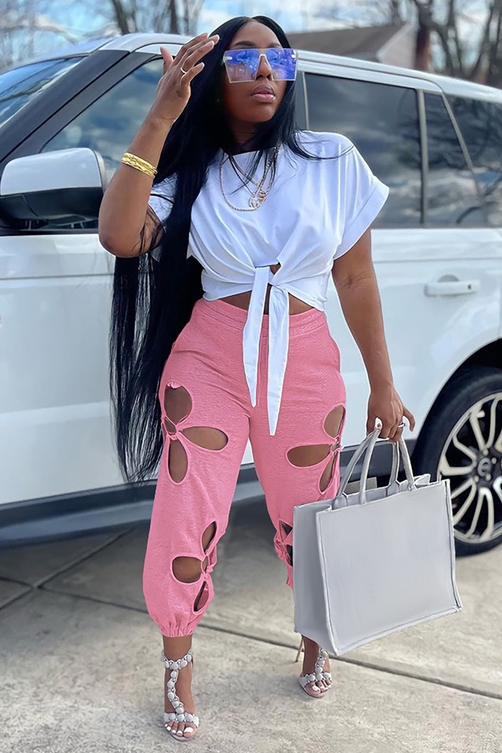 Cutout High Waist Solid Color Casual Jogger Pants-Grey