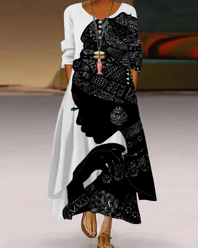 African Girls Printed Round Neck Long Sleeve Dress