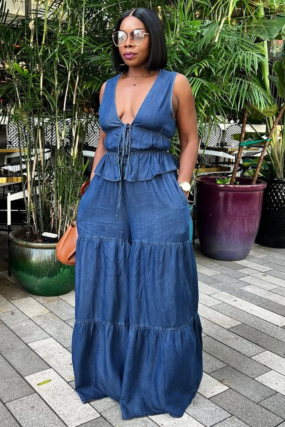 V Neck Peplum Vest Tiered Wide Leg Pants Denim 2pcs Set-Blue