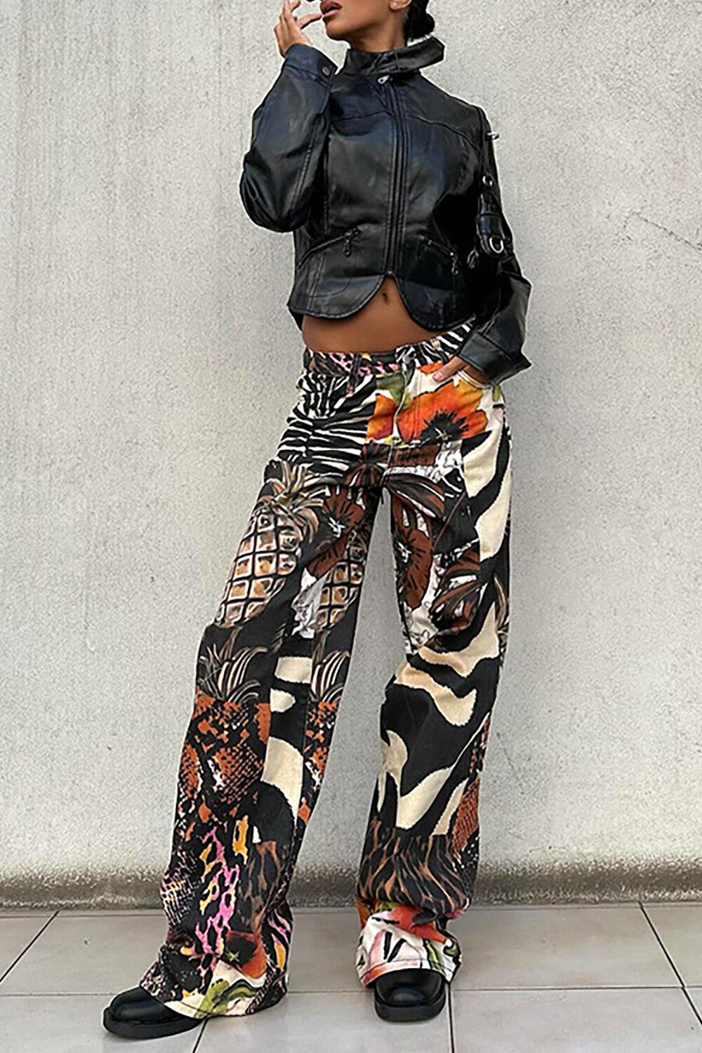 Fruits Animal Mixed Print Wide Leg Casual Pants-Black