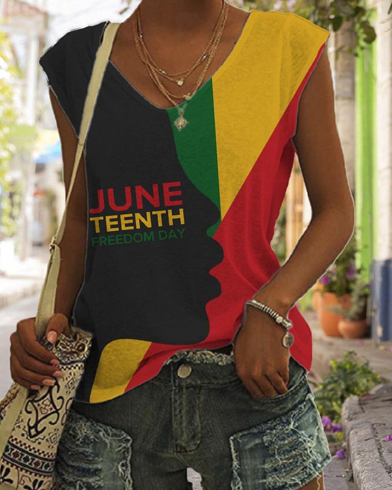 Casual color-blocking Juneteenth print V-neck sleeveless tank top