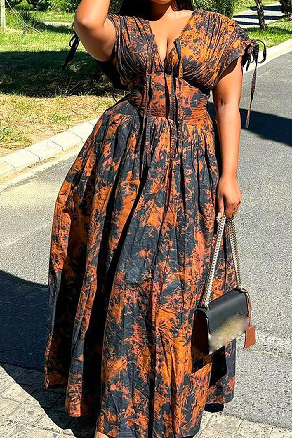 Abstract Print Deep V Neck Tie Up Short Sleeve Cinch Waist Maxi Dresses-Orange