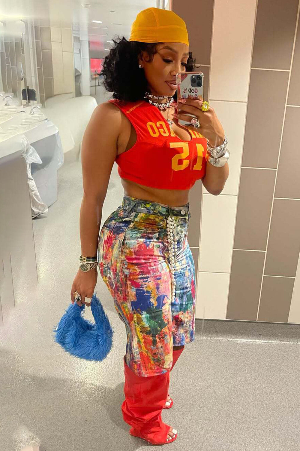 Splash-Ink Painting Print High Waist Denim Fifth Pants-Blue