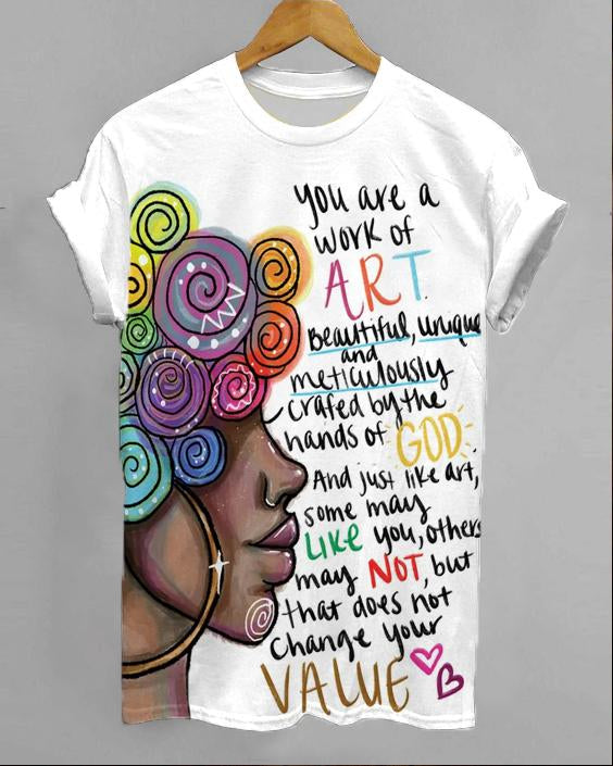 Black Afro Girl Slogan Personalized Printed Crew Neck Short Sleeve T-shirt