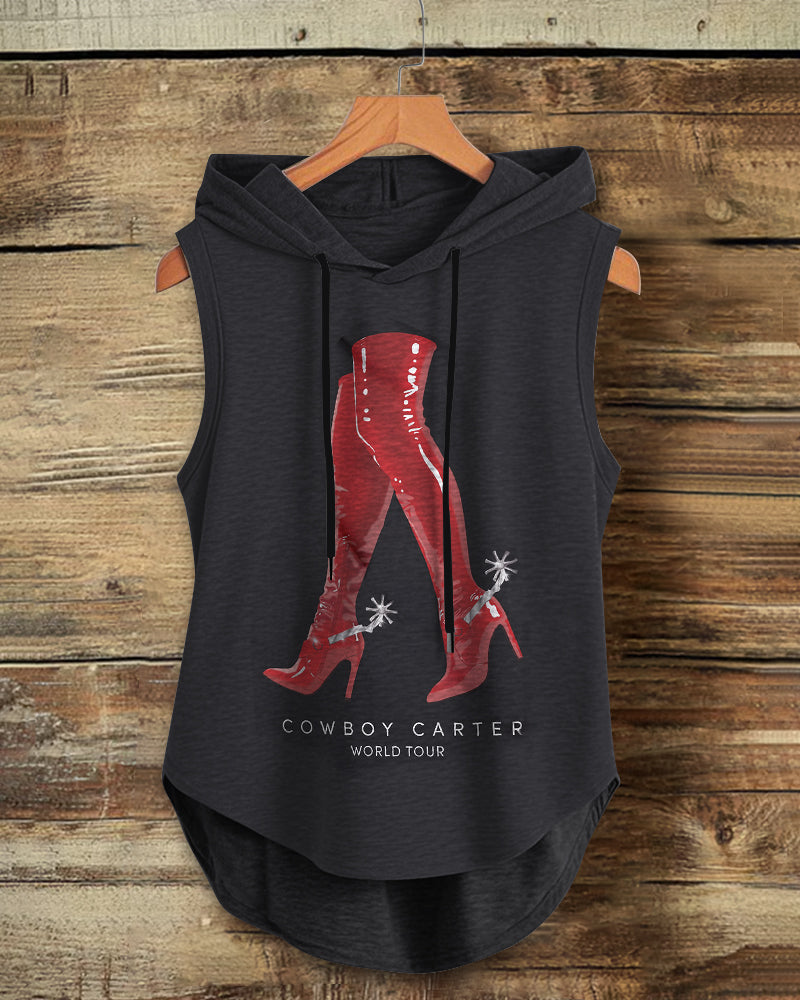 Stepping Into Cowboy Center Drawstring Hooded Tank Top