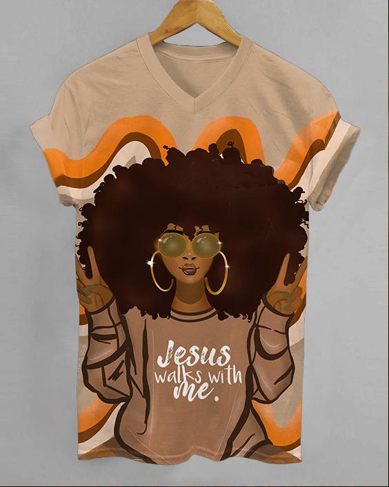 Jesus Walks with Me V-neck Short Sleeve Tshirt