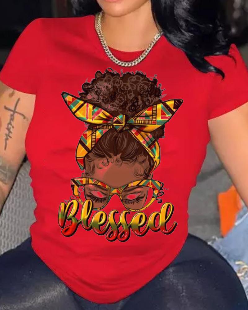 Black Girl Wearing Glasses Alphabet Print Short Sleeve T-Shirt