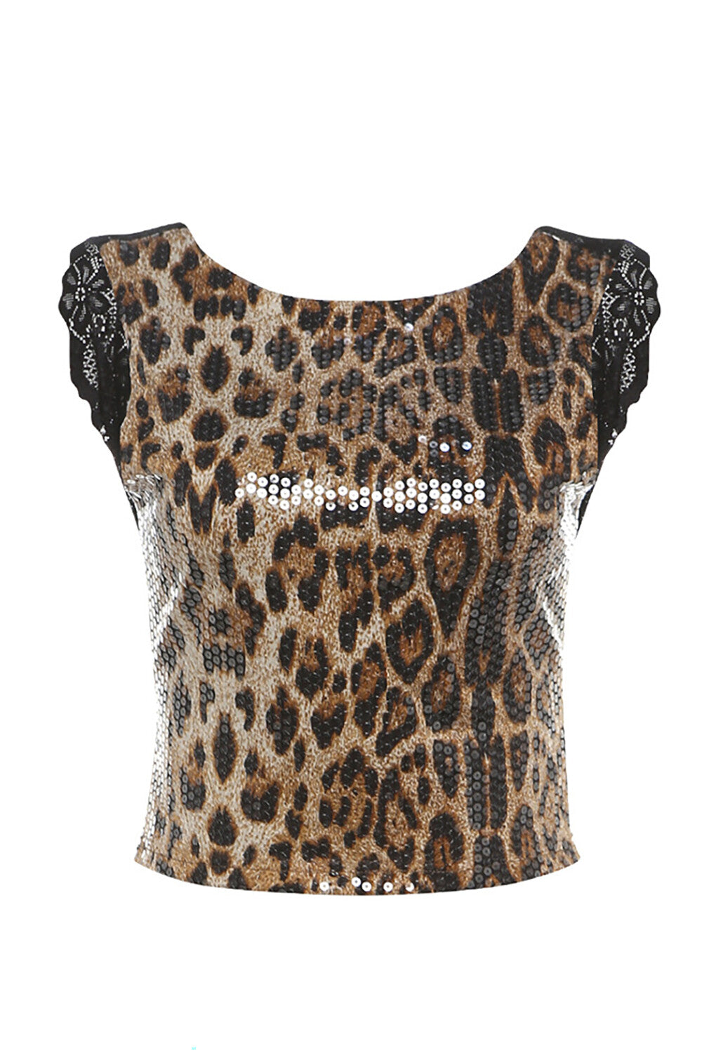 Sequin Leopard Print Open Back Lace Patchwork Crop Tank Top-Brown