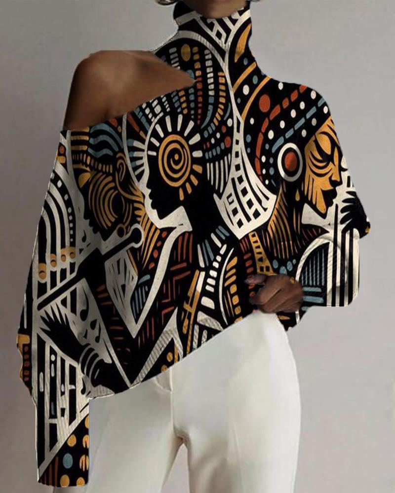 Black Art Print Cutout Turtleneck Top