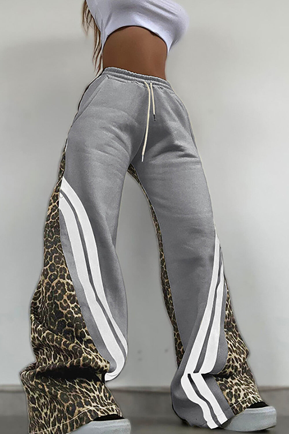 Leopard Print Striped Wide Leg Casual Pants-Beige