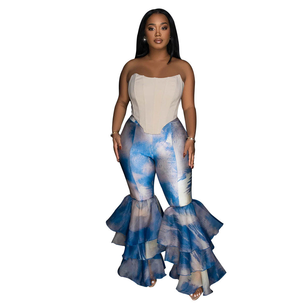 Popular Tie-Dye Printed Bell-Bottom Pants Ruffled Women's Pants