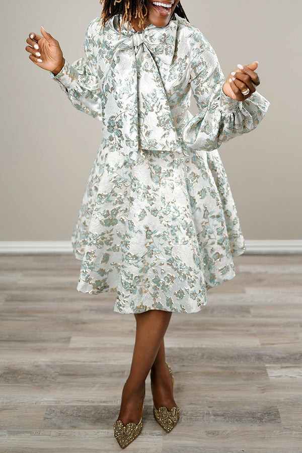 Elegant Jacquard Lantern Sleeve Bow Dress