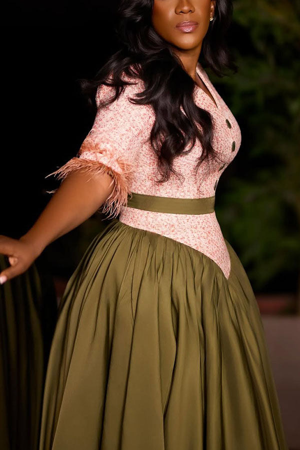 Retro Two Tone Fuzzy Trim Dress