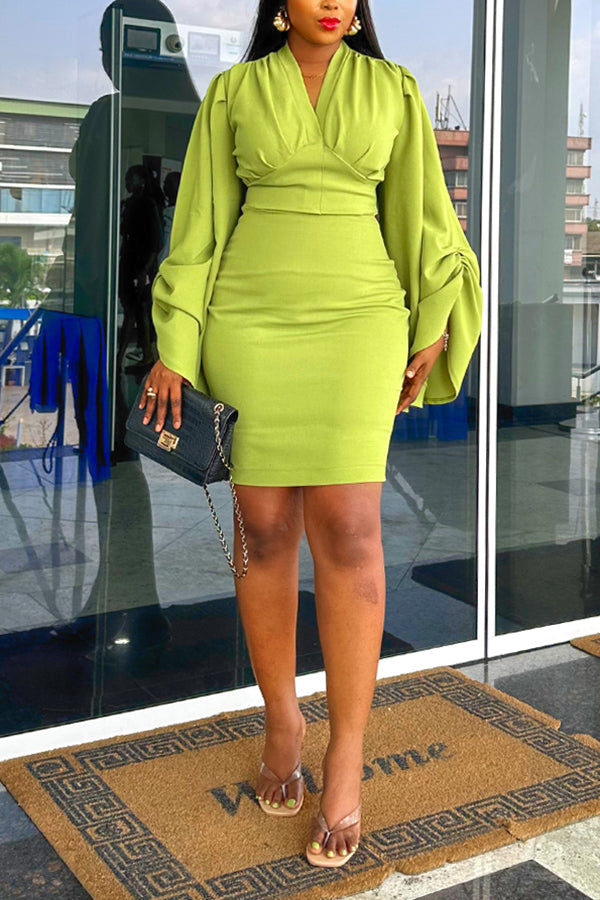 Fashion V-Neck Ruched Sleeve Dress