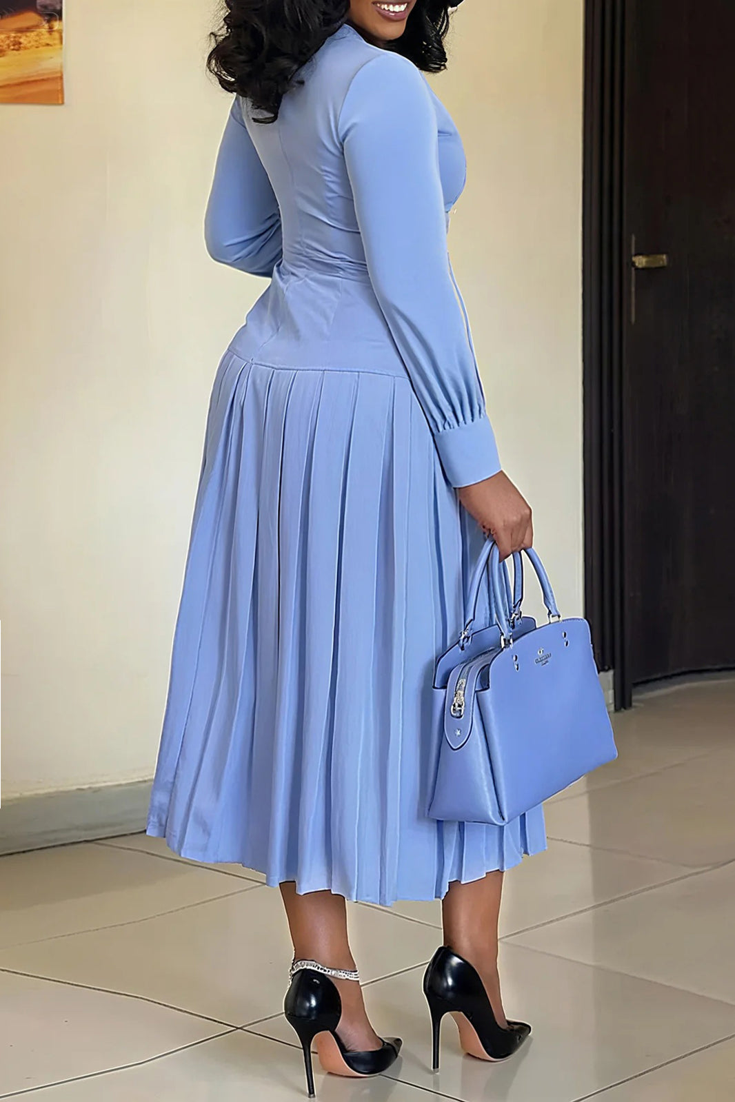 Elegant Lantern Sleeve Pleated Hem Maxi Dress