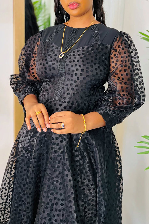 Elegant Lantern Sleeve Polka Dot Print Dress