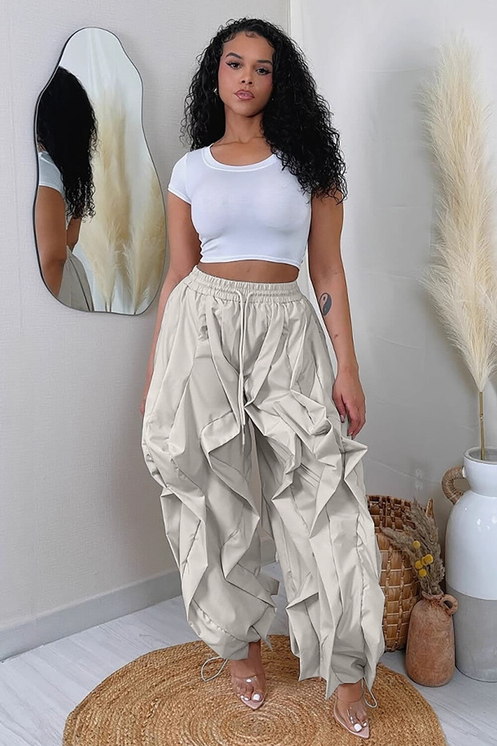 Ruffled Trim Solid Color High Waist Loose Fit Jogger Pants-Khaki
