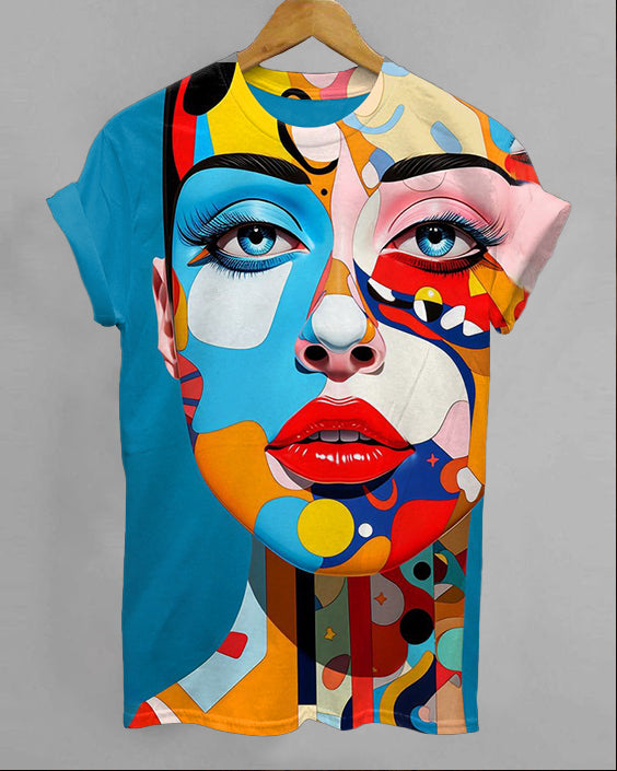 Watercolor Woman Face Art Round Neck Short Sleeve Shirt