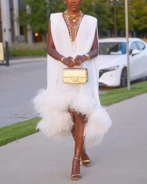 Elegant Sleeveless White Feather Patchwork Irregular Hem Midi Dress