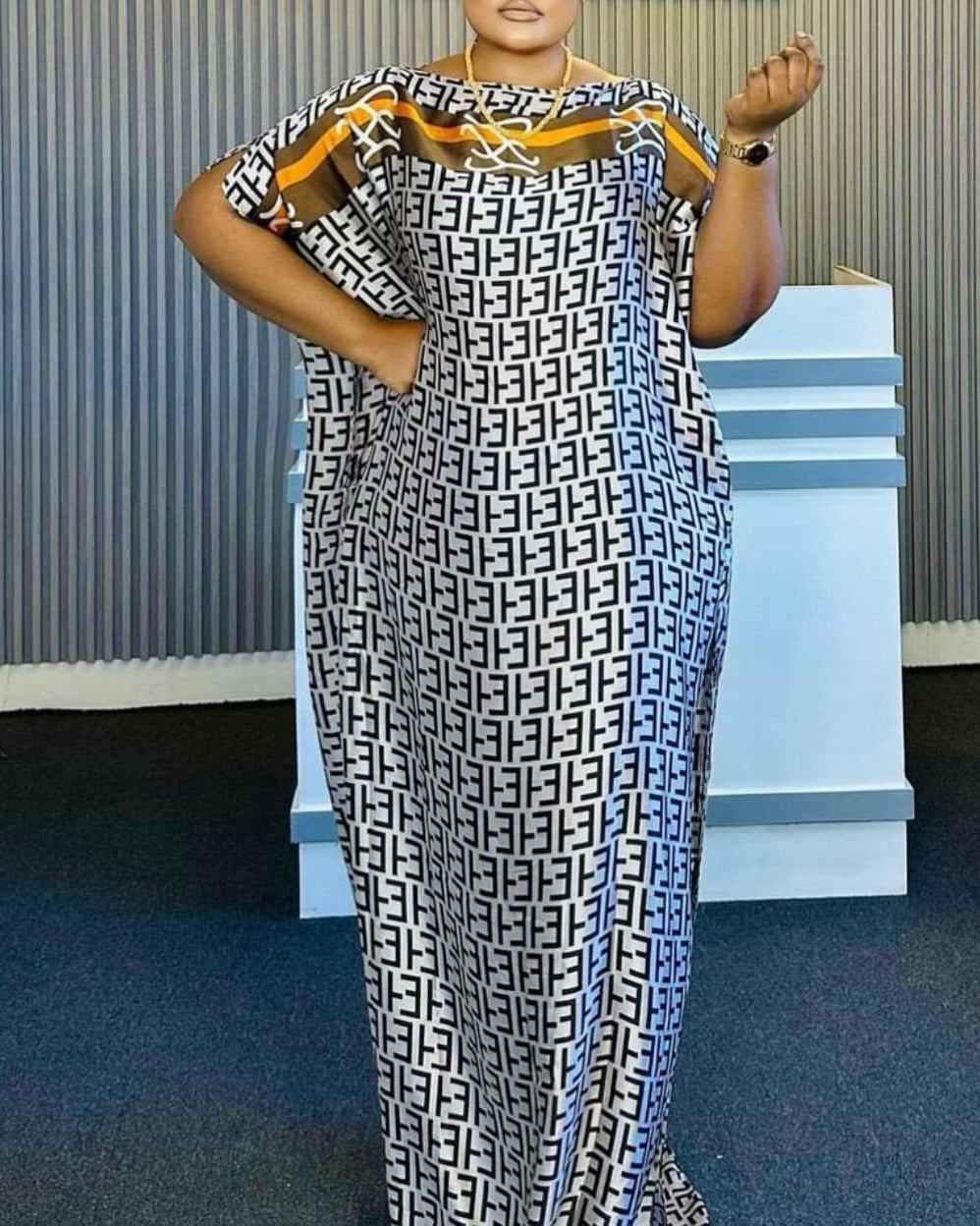 Round Neck Classic Letter Print Elegant Robe Dress(Includes Headscarf)