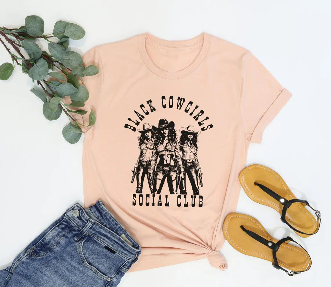 Black Cowgirl Social Club Crew Neck Short Sleeve Cotton T-shirt