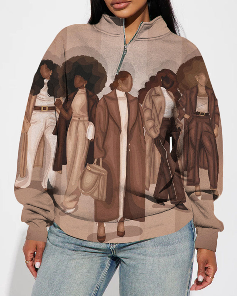 Brown and Black Strong Woman Stand Collar Zip Up Long Sleeve Sweatshirt