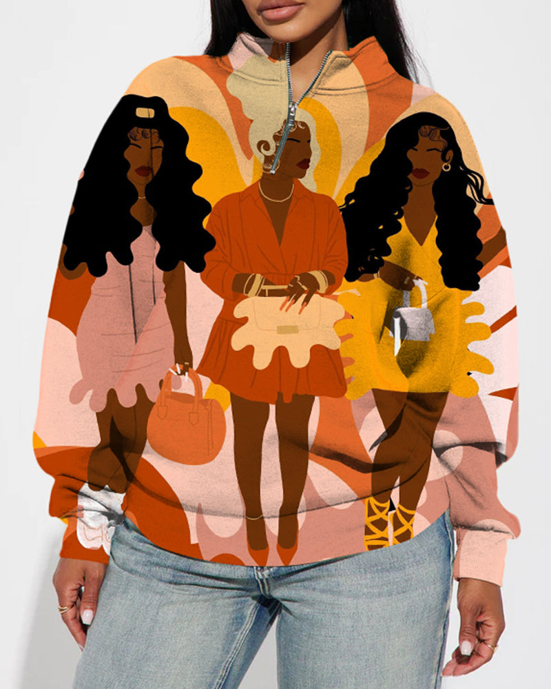 Black Women Friendship Stand Collar Zip Up Long Sleeve Sweatshirt