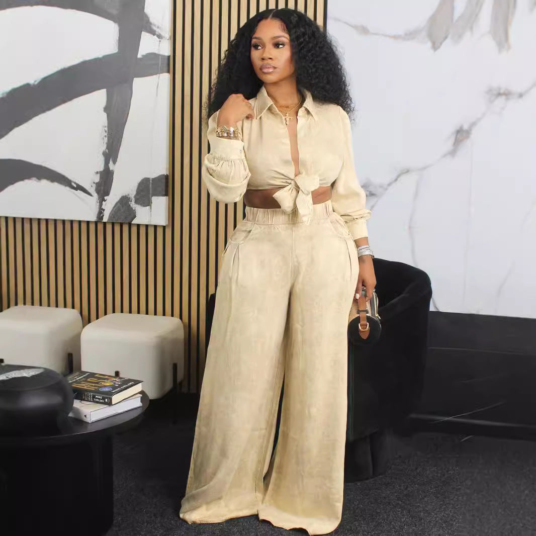 Long Sleeve Casual Wide Leg Pants Suit Loose Casual Shirt Trousers Two-Piece Suit Suit