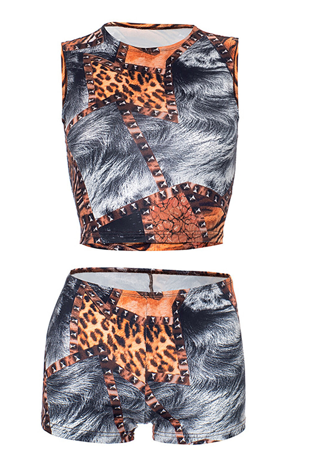 Leopard Mixed Print Crop Tank Top Shorts Matching Set-Grey