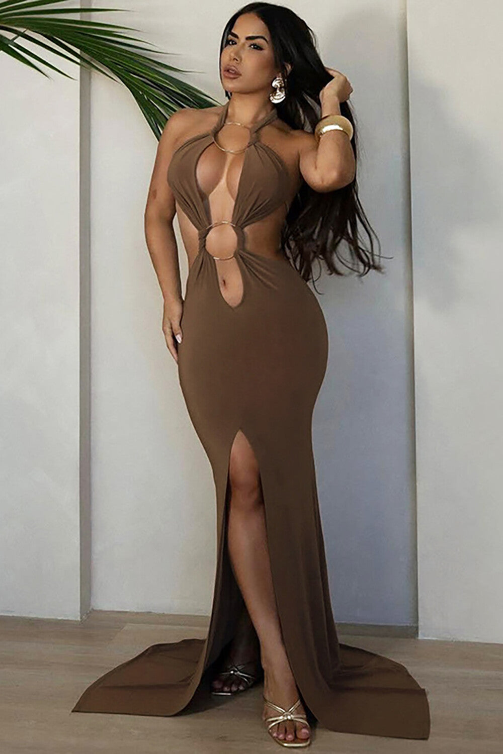 O-Ring Patchwork Halter Cutout Bodycon Slit Fishtail Hem Maxi Dresses-Black