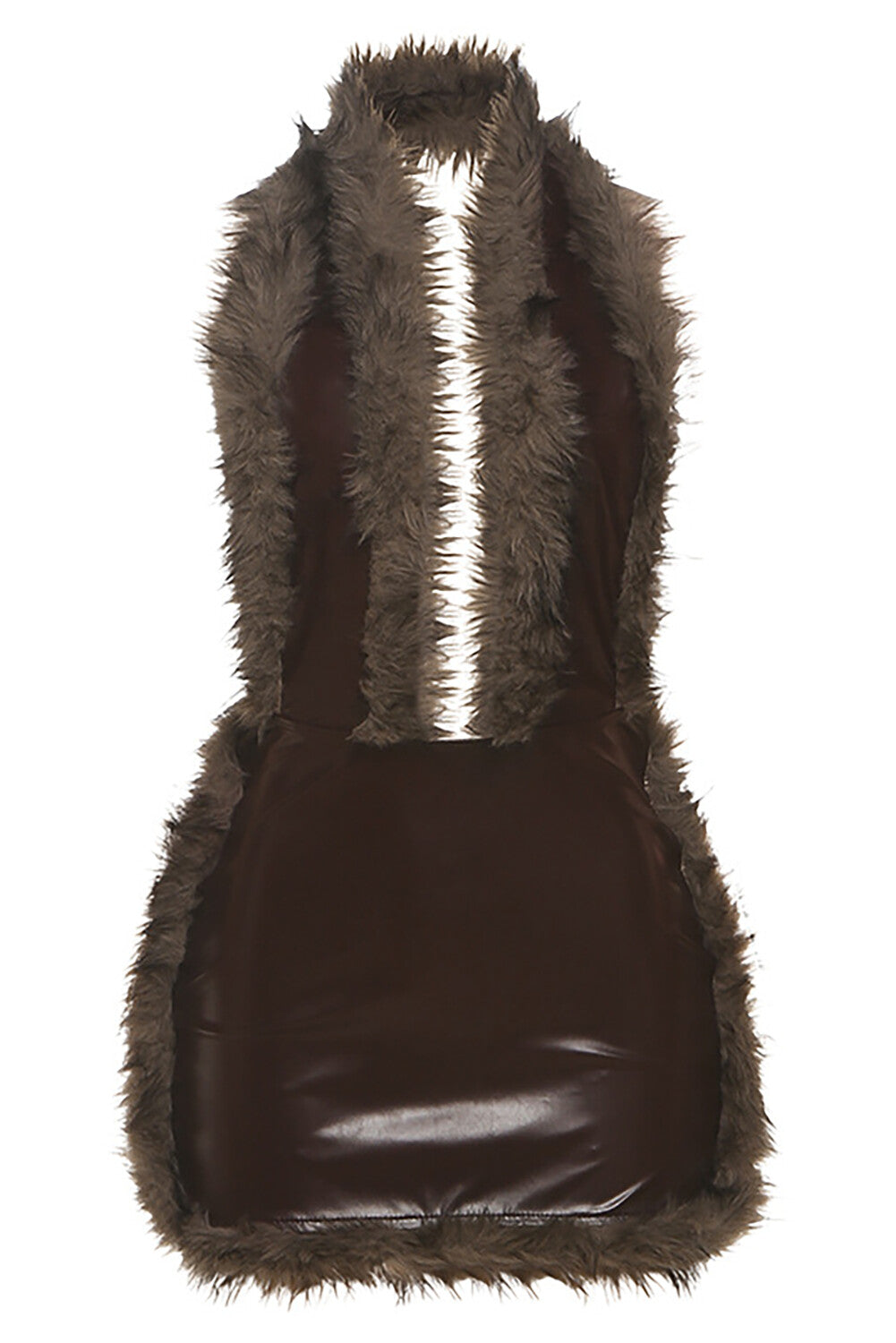 Furry Trim Deep V Neck Halter Faux Leather Bodycon Mini Dresses-Black