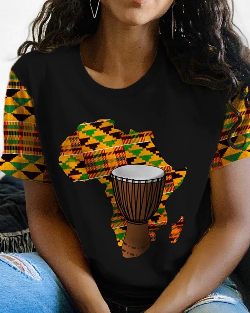 African Print Drum Print Round Neck Short Sleeve T-Shirt