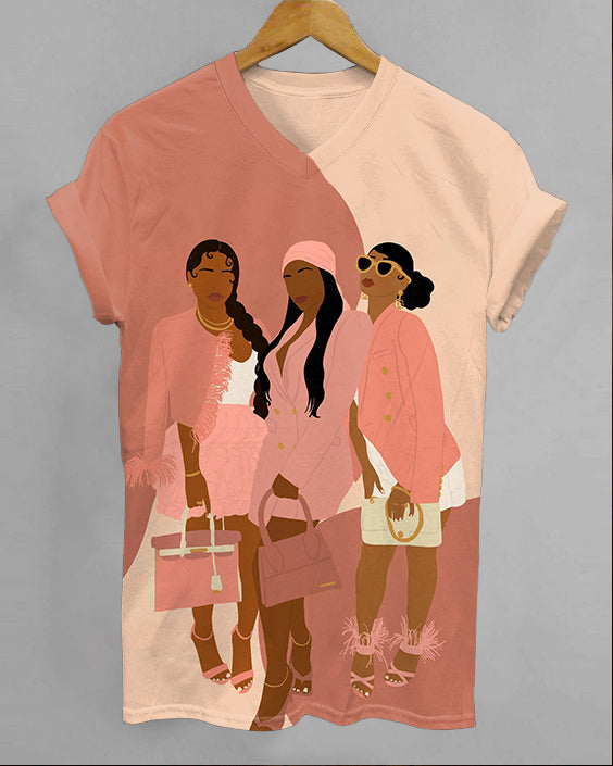 Stylish Brown Sisters V-neck Short Sleeve Tshirt