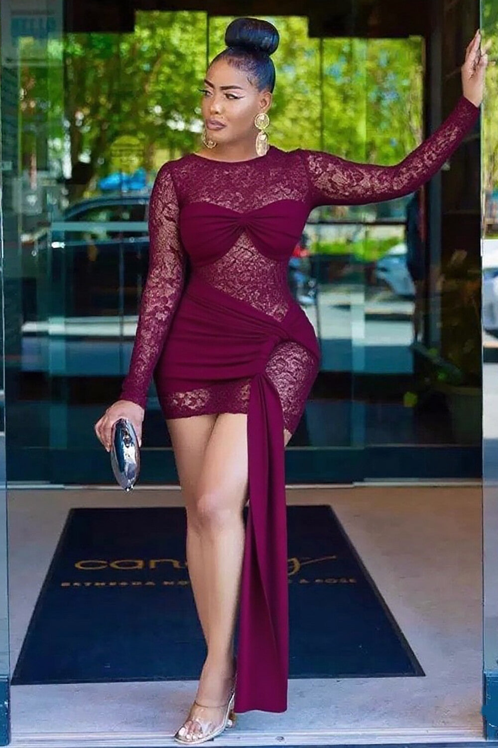 Lace Patchwork Long Sleeve Ruched Streamer Fitted Mini Dresses-Blue