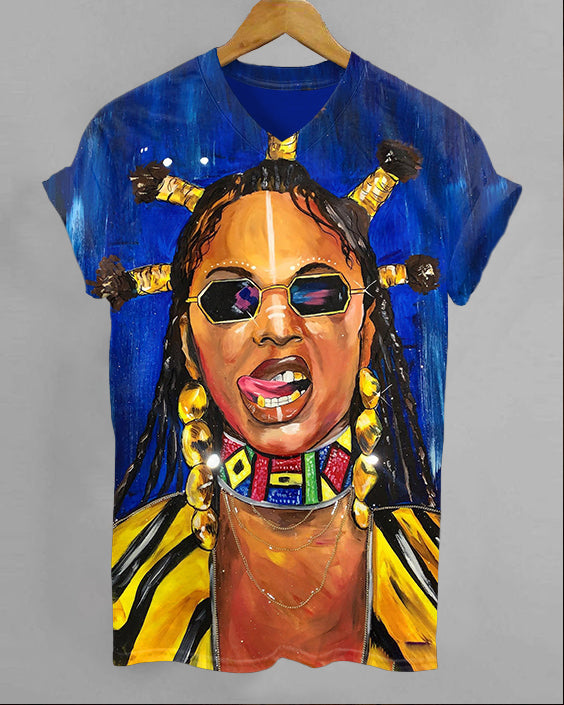 Music Festival Queen Oil Painting V-neck Short Sleeve Tshirt