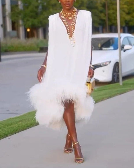 Elegant Sleeveless White Feather Patchwork Irregular Hem Midi Dress