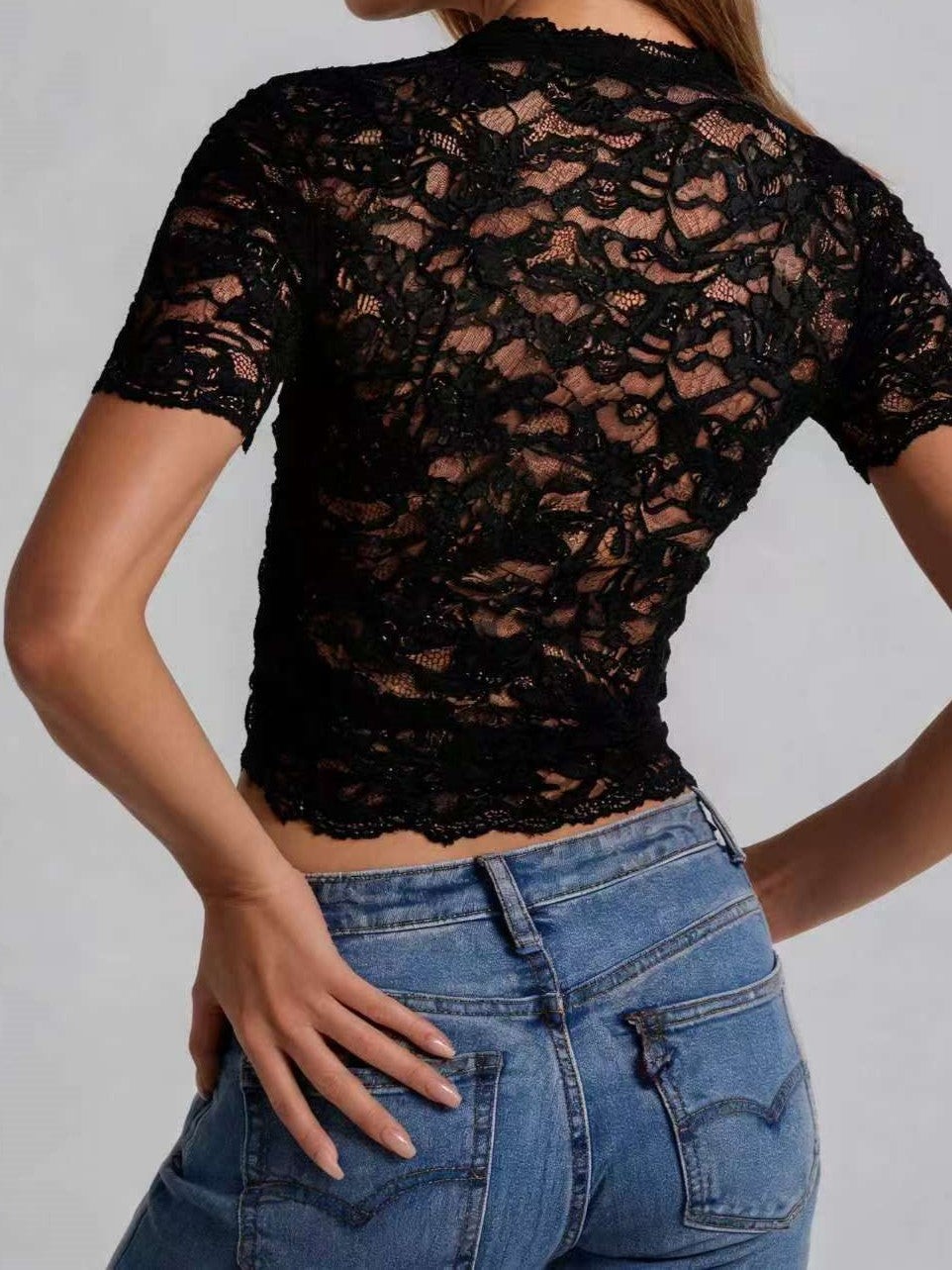 Black Sheer Lace Keyhole Short-Sleeve Top