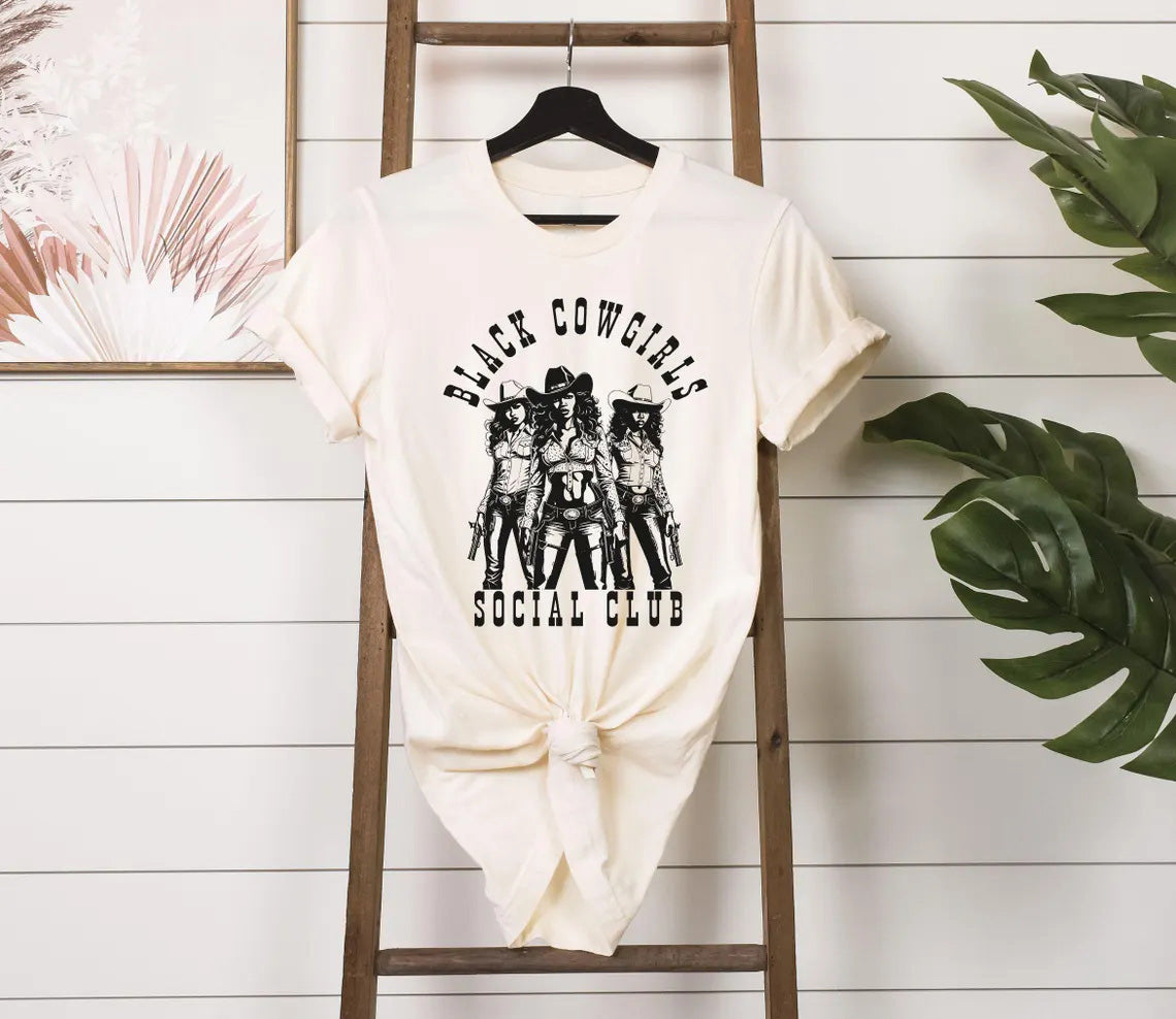 Black Cowgirl Social Club Crew Neck Short Sleeve Cotton T-shirt