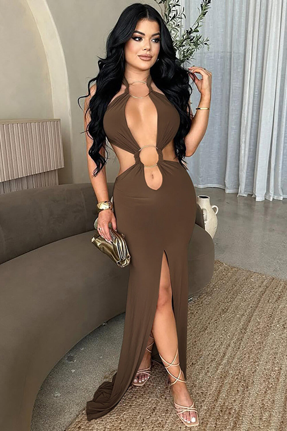 O-Ring Patchwork Halter Cutout Bodycon Slit Fishtail Hem Maxi Dresses-Black