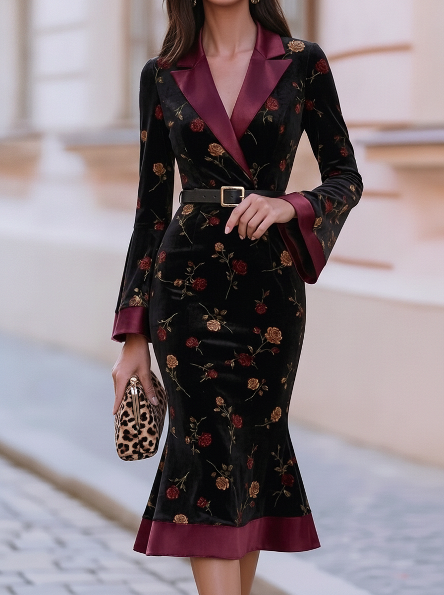 Black Rose Velvet Flare Sleeve Midi Dress