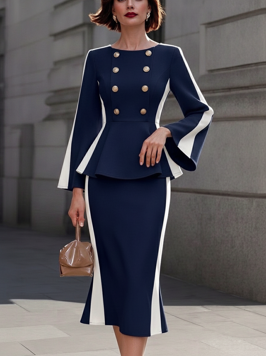 Navy White Double-Breasted Peplum Dress