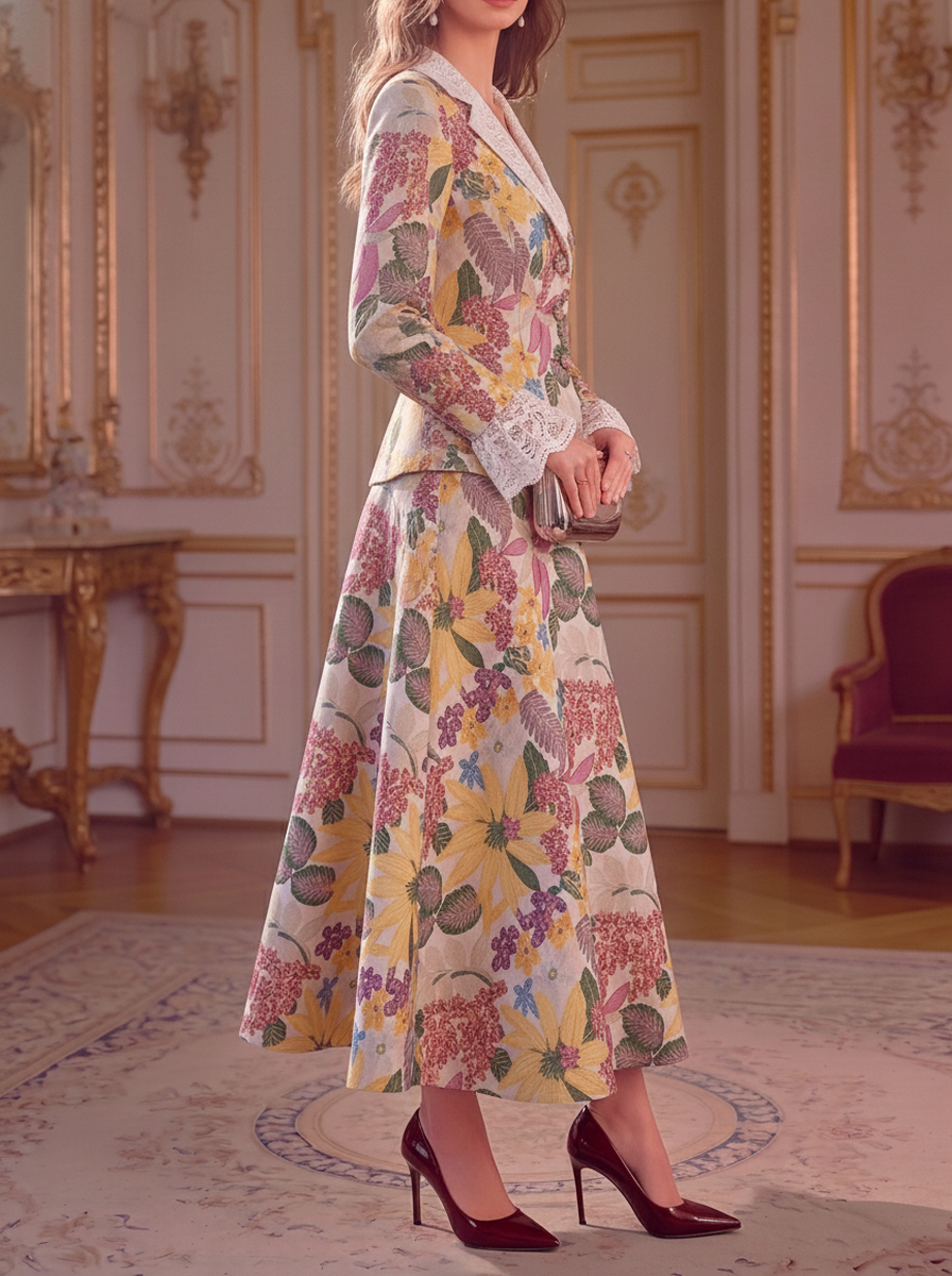 Yellow Floral Lace Peplum Suit Set