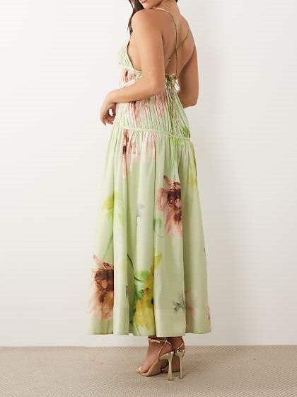 Mint Green Watercolor Floral Smocked Midi Dress