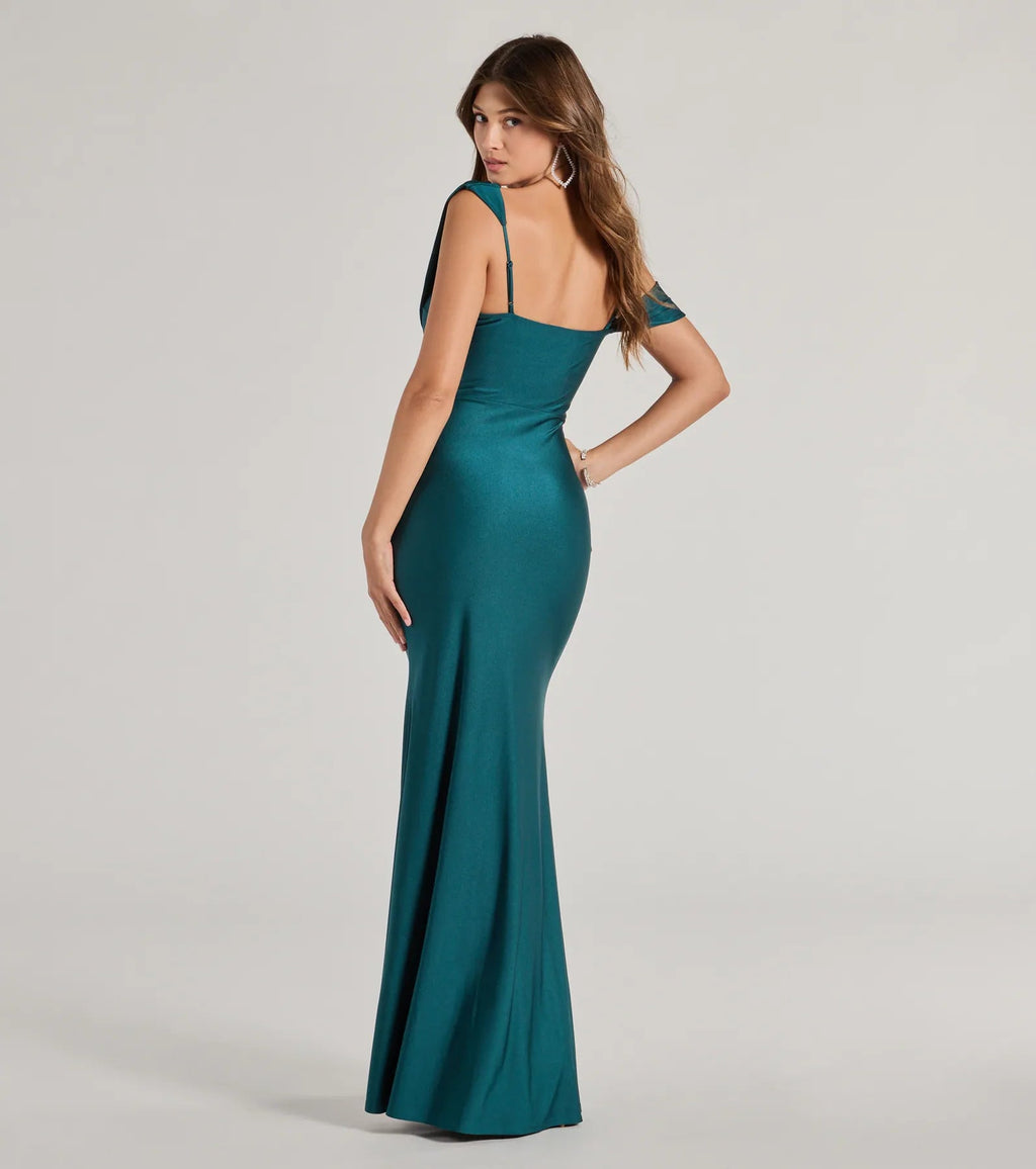 One-Shoulder Draped Ruched Slit Gown