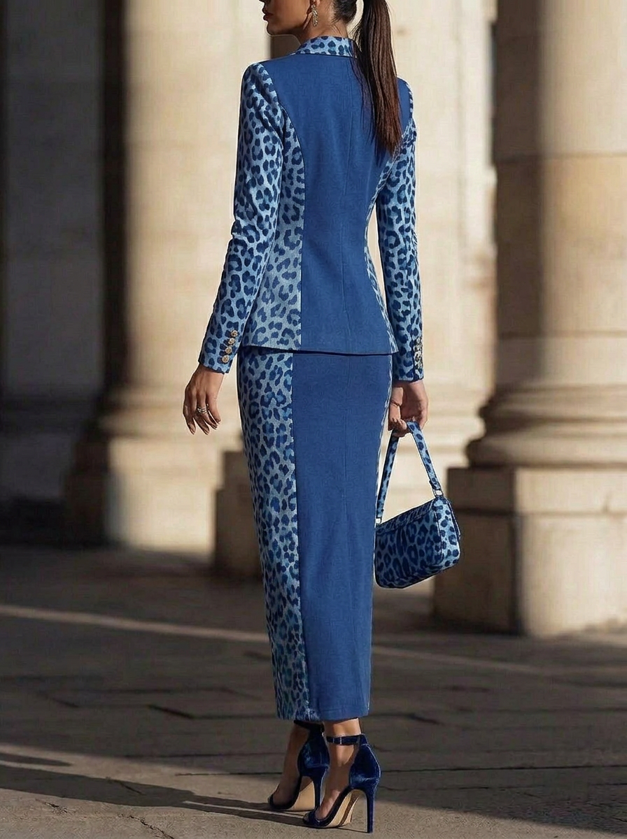 Blue Leopard Print Double-Breasted Skirt Set
