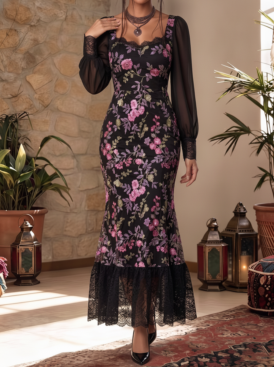 Black Floral Sheer Sleeve Mermaid Dress