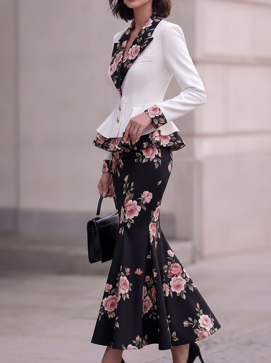 White Floral Lapel Peplum Two-Piece Set
