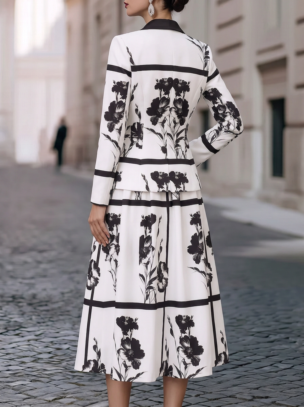 White Black Floral Peplum Skirt Set