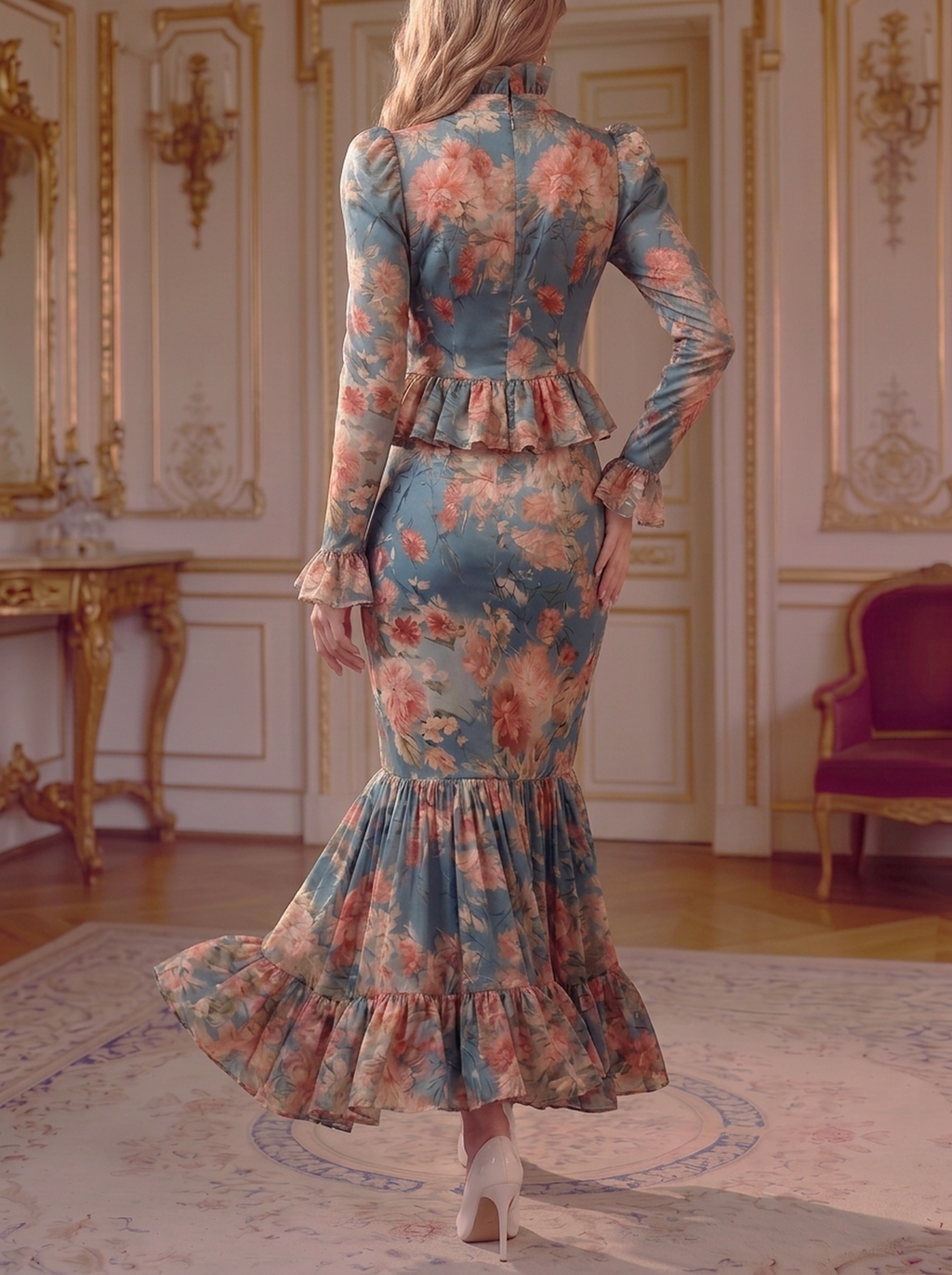 Blue Floral High Neck Ruffle Dress