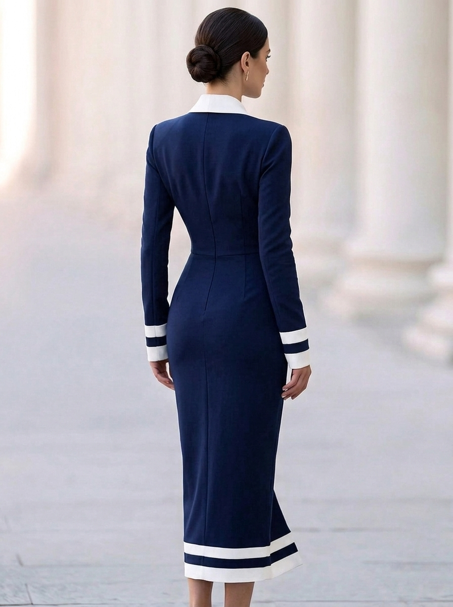 Navy White Collar Slit Midi Dress